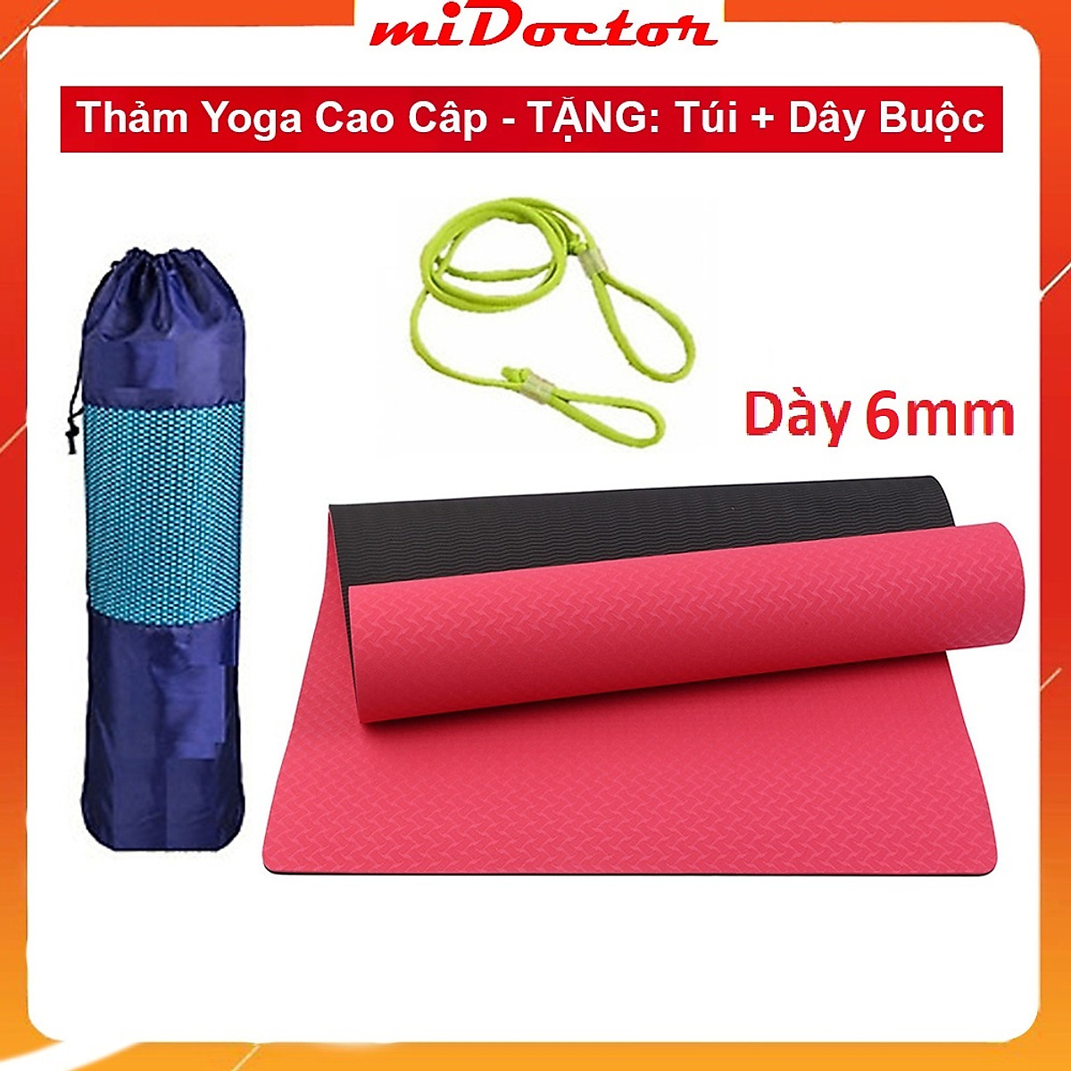 Thảm Tập YoGa TPE Dày 6mm Gym miDoctor + Bao Thảm Tập Yoga + Dây Thảm Tập Yoga (Túi, Dây Giao Màu Ngẫu Nhiên)