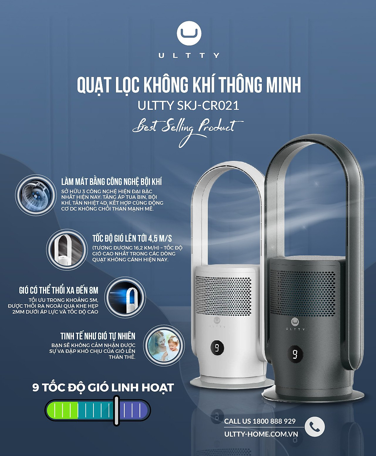 Combo Máy Lọc Không Khí U ULTTY SKJ CR021 Dạng Quạt Màu Đen + Màng lọc HEPA H13 Nano Phân Tử Bạc - Hàng Chính Hãng