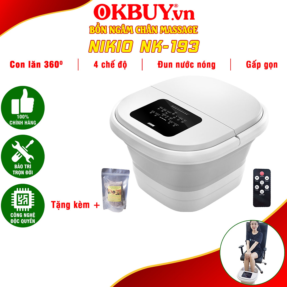 Bồn Ngâm Chân Massage Gấp Gọn, Chậu Ngâm Nước Nóng Nikio NK-193 - Làm Nóng Và Giữ Ấm Tự Động, 4 Con Lăn 3D Day Vuốt Lòng Bàn Chân, Kích Thích Tuần Hoàn Máu, Giảm Đau Nhức Lòng Bàn Chân - Giảm Stress Cải Thiện Giấc Ngủ