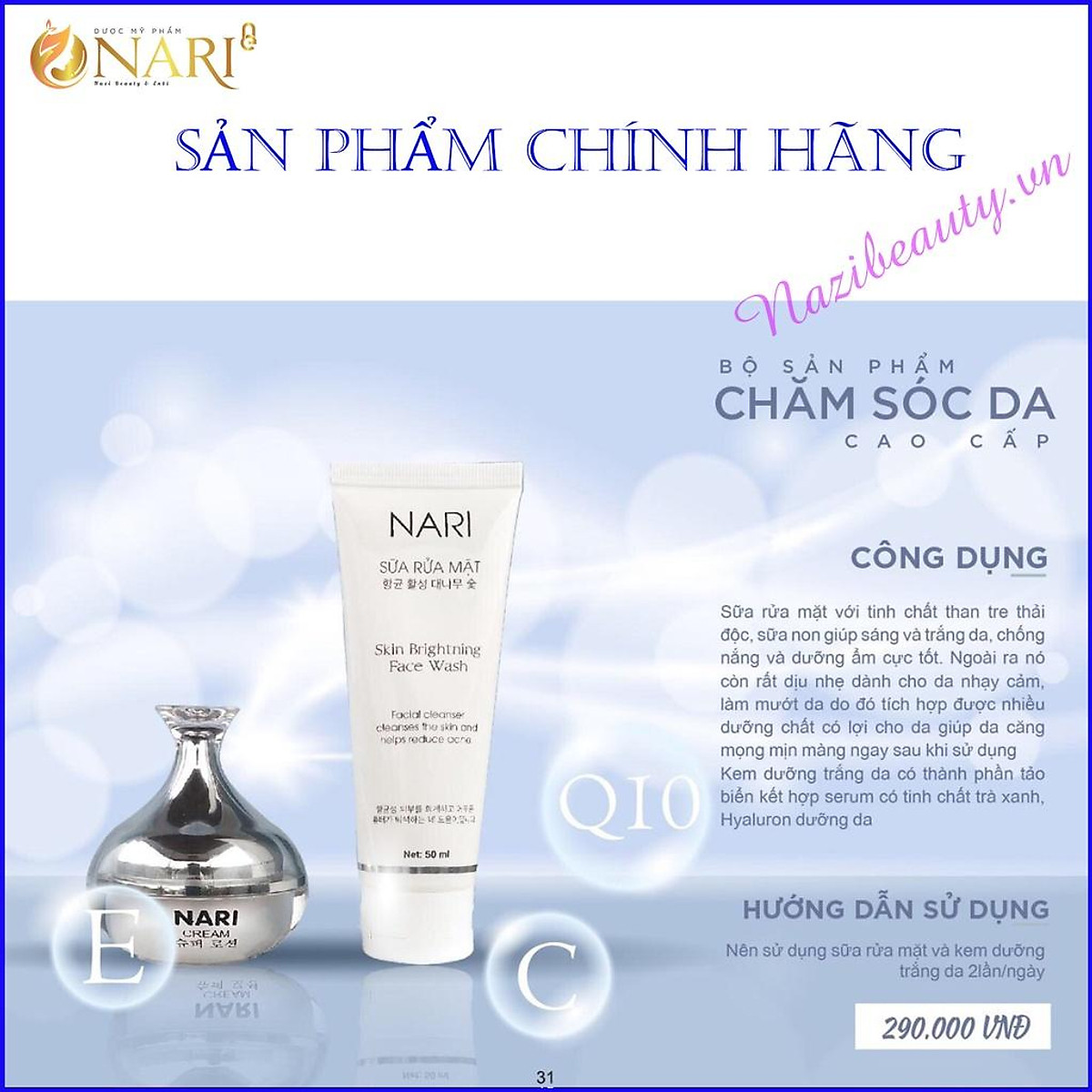 Bộ chăm sóc da cao dưỡng trắng sáng trẻ hóa phục hồi da Nari sản phẩm