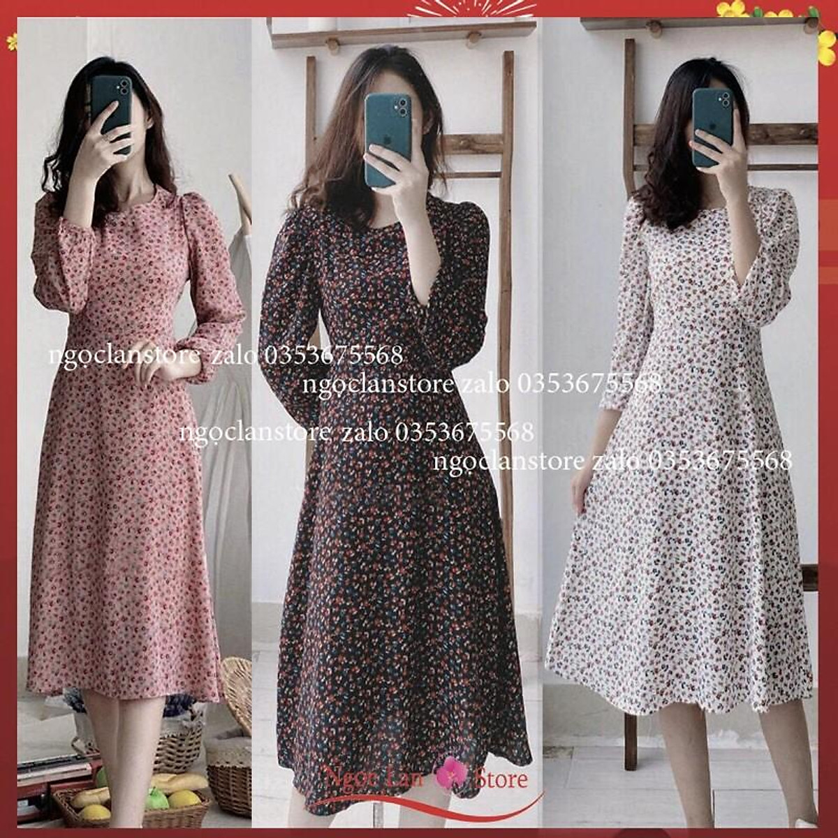 Đầm xòe hoa nhí trắng xanh cổ tròn xếp ly