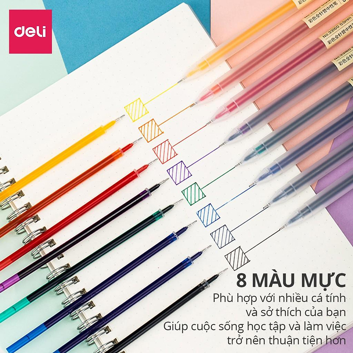 Bút gel 0.5mm nhiều màu Deli - có nắp gài - 1 chiếc - Đỏ/ Xanh Dương/ Xanh Lá/ Tím/ Cam - A119 .