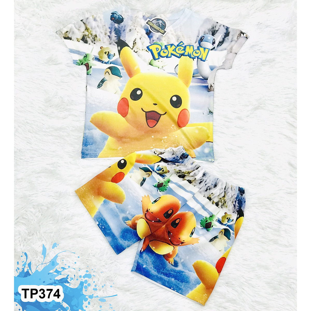 Đồ Bộ Thun Lạnh Có Tay In 3D cho bé trai hình Pikachu - Áo bé trai