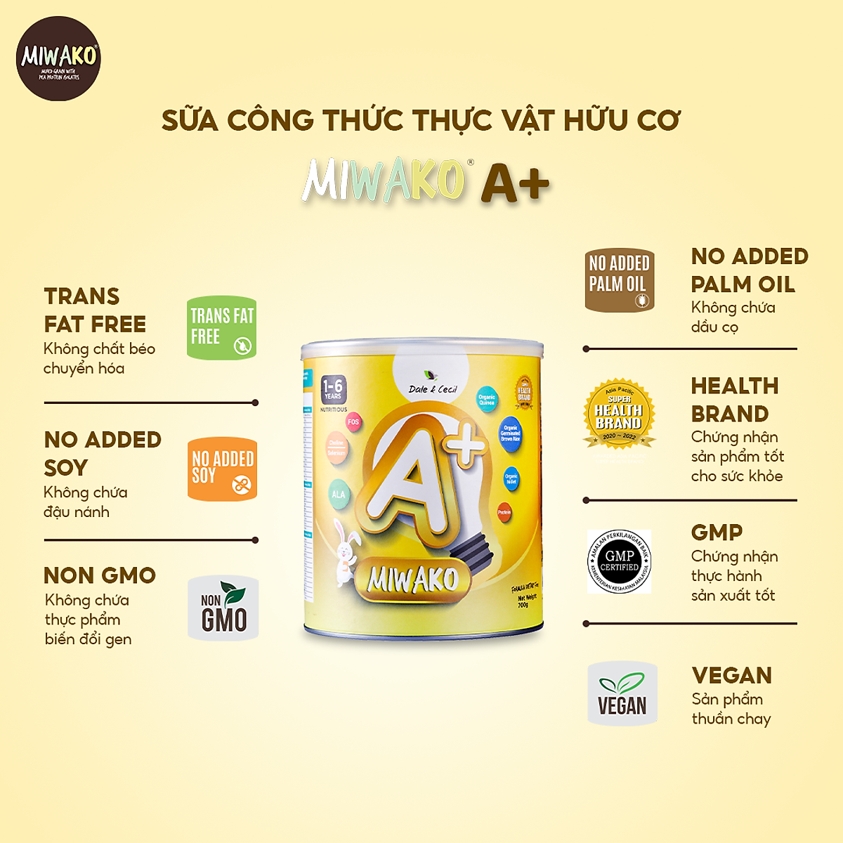 Sữa Miwako A+ Sữa Hạt Cho Bé Tăng Chiều Cao Ngủ Ngon Phát Triển Thông Minh, Sữa Không Đường 700g Vị Vani x3 Hộp - miwako