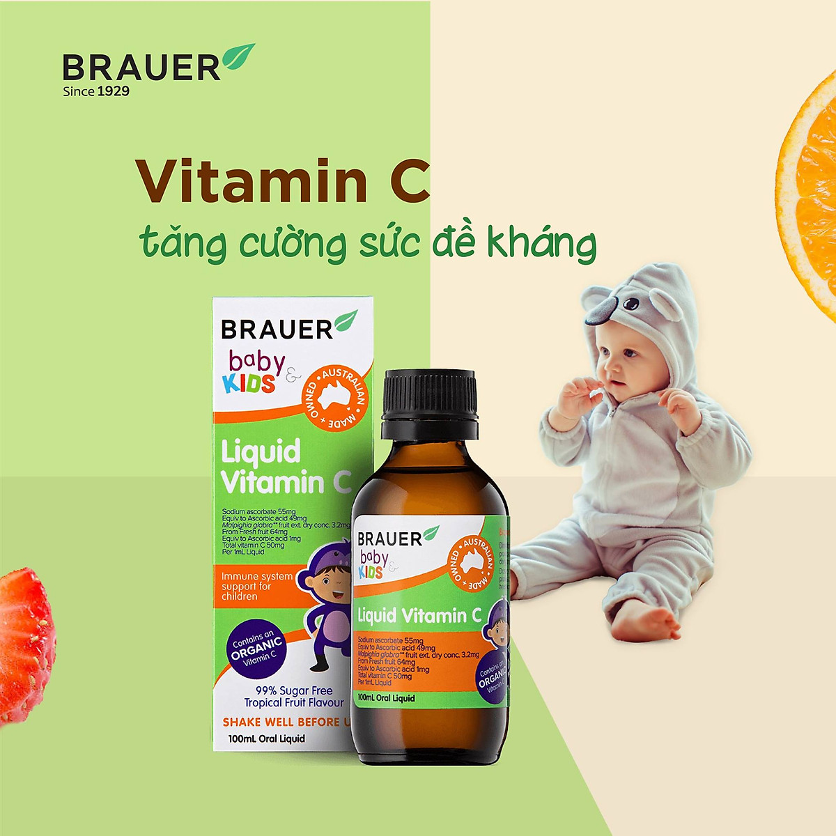 Vitamin C cho trẻ trên 1 tuổi Brauer Baby & Kids Liquid Vitamin C tăng sức đề kháng (100ml) - QuaTangMe Extaste