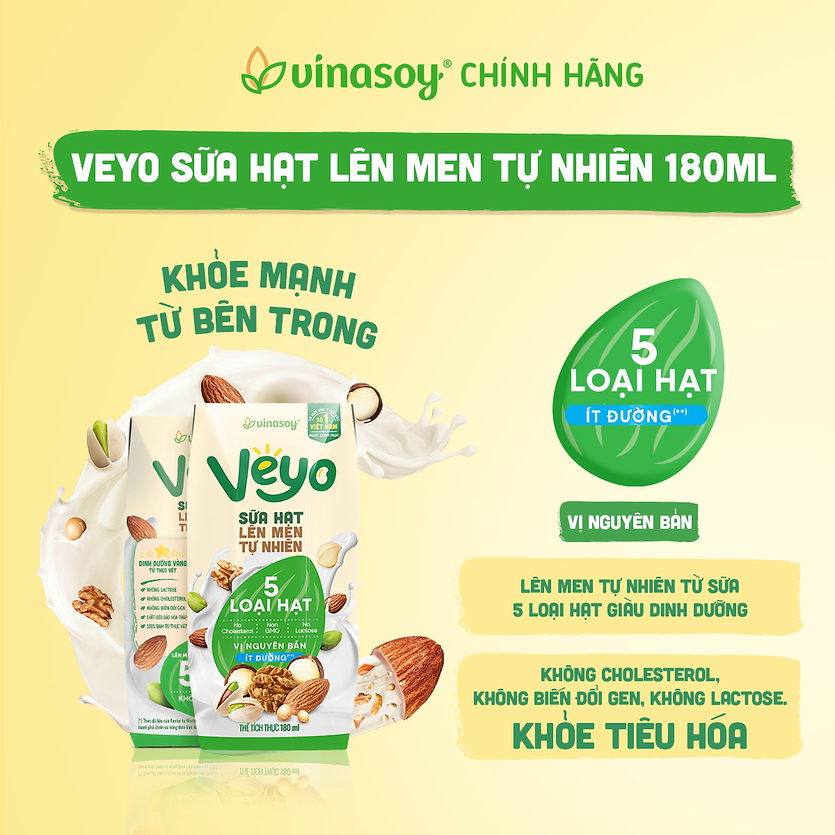 Thùng Sữa hạt Veyo lên men tự nhiên Vị Nguyên bản Ít đường (30hộp x 180ml)