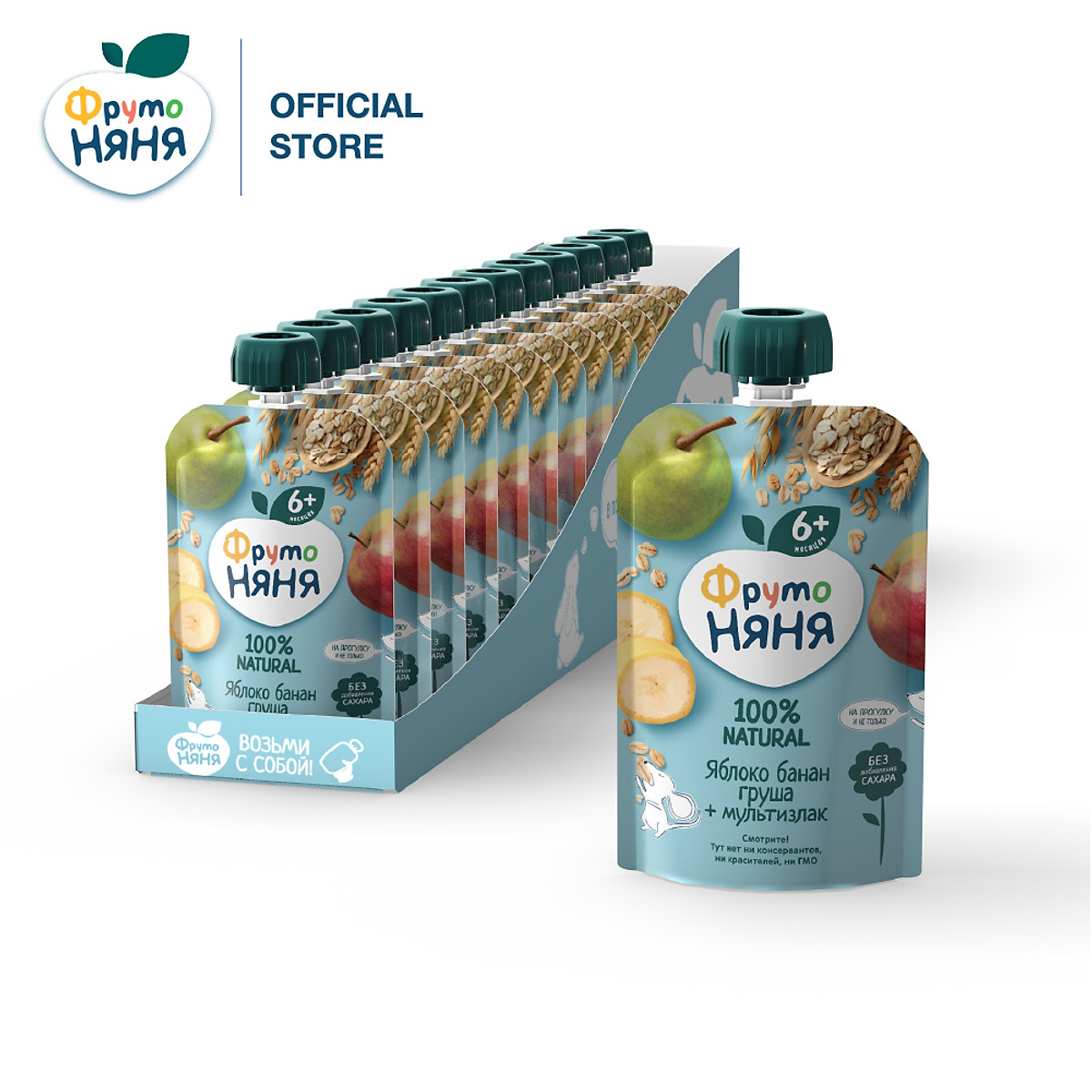 Thùng 12 Gói Trái cây nghiền vị táo, chuối, lê và ngũ cốc Fruto Nyanya 90g/gói