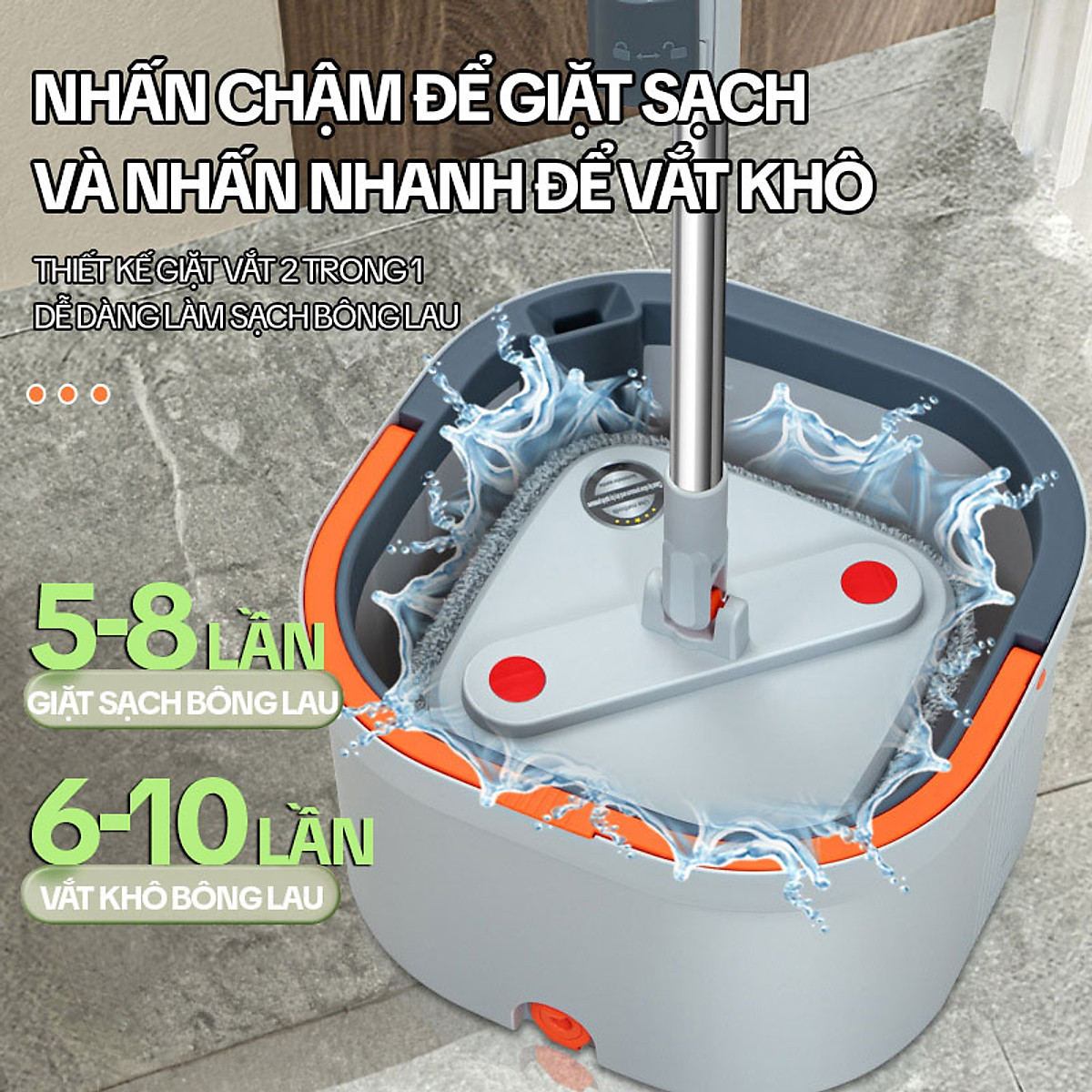 Bộ Cây Lau Nhà Tách Nước Bẩn KITIMOP N08 PRO - Thùng Lau Nhà Tự Vắt Thông Minh, Chổi Lau Nhà 360 Độ, Lau Sàn Làm Sạch
