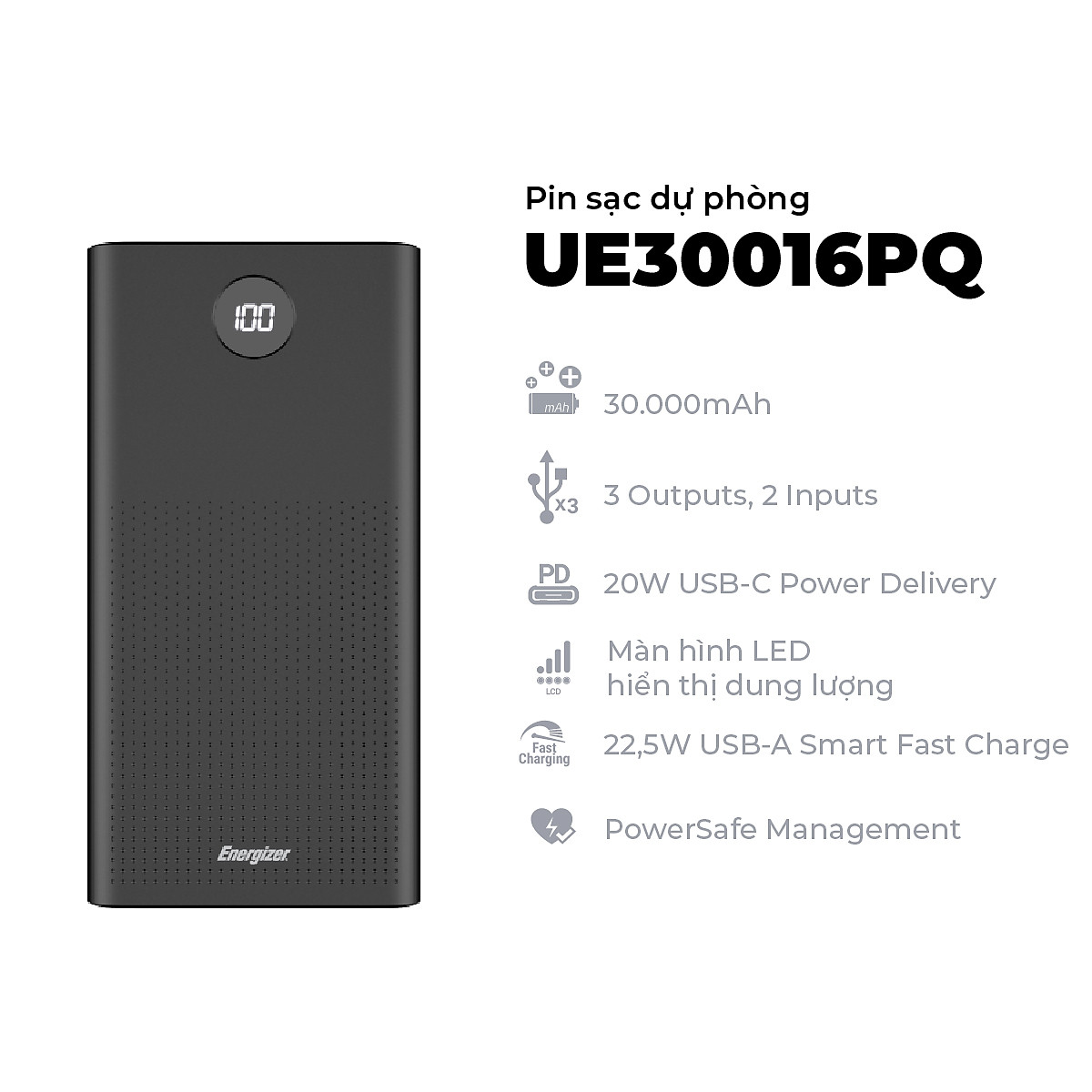 Sạc dự phòng Energizer 30,000mAh UE30016PQ, hỗ trợ sạc nhanh 20W đa nền tảng - Hàng chính hãng bảo hành 1 đổi 1 2 năm