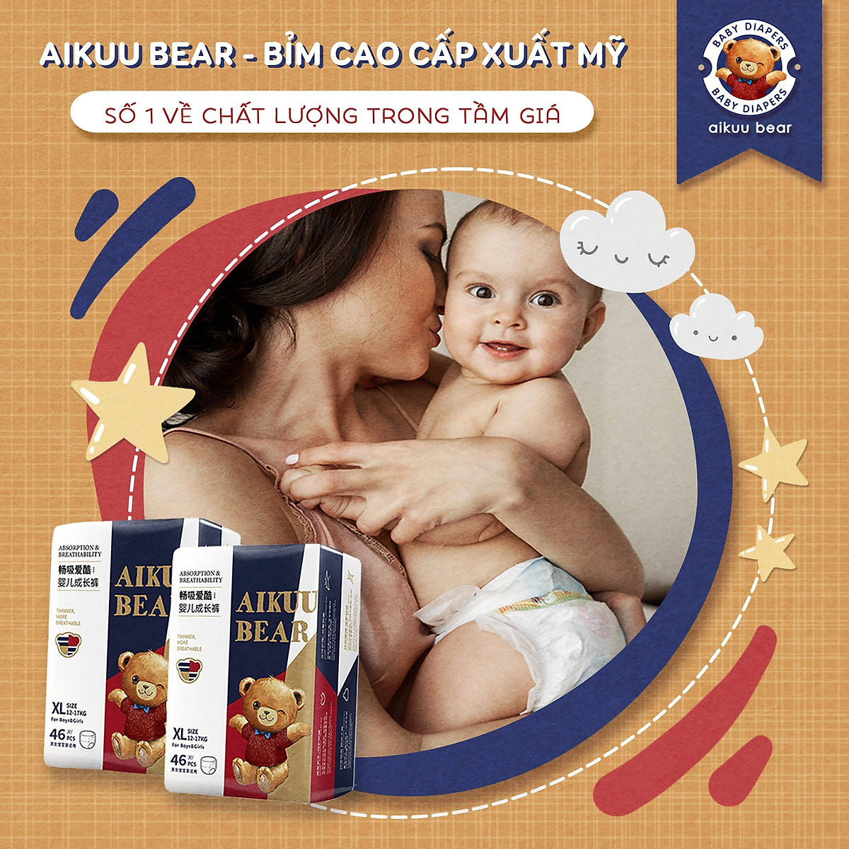 Tã Bỉm AIKUU BEAR Dán/Quần đủ size S56,M50,L48,XL46,XXL44,XXXL42 Chính Hãng