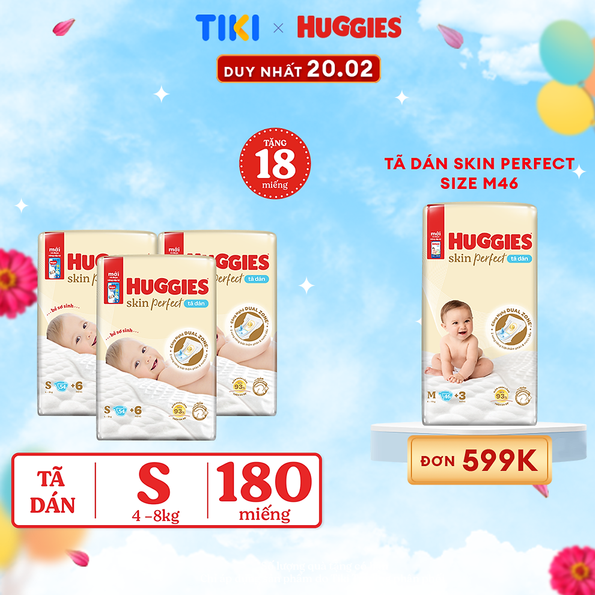 Combo 3 gói Tã/bỉm dán sơ sinh Huggies Skin Perfect S 54+6 miếng với 2 vùng thấm giảm kích ứng da