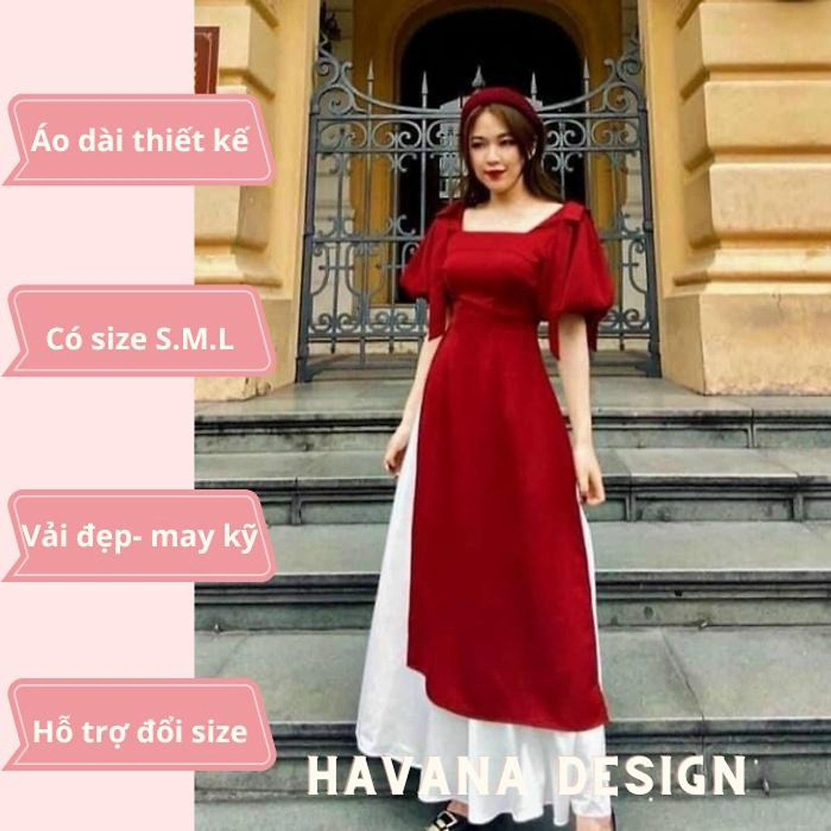 Mua Áo Dài Nữ Cách Tân Tay Phồng Kèm Quần Trắng, Có Size, Kiểu Cổ Vuông Màu  Đỏ, Set Áo Dài Đẹp Tết 2023 | Tiki