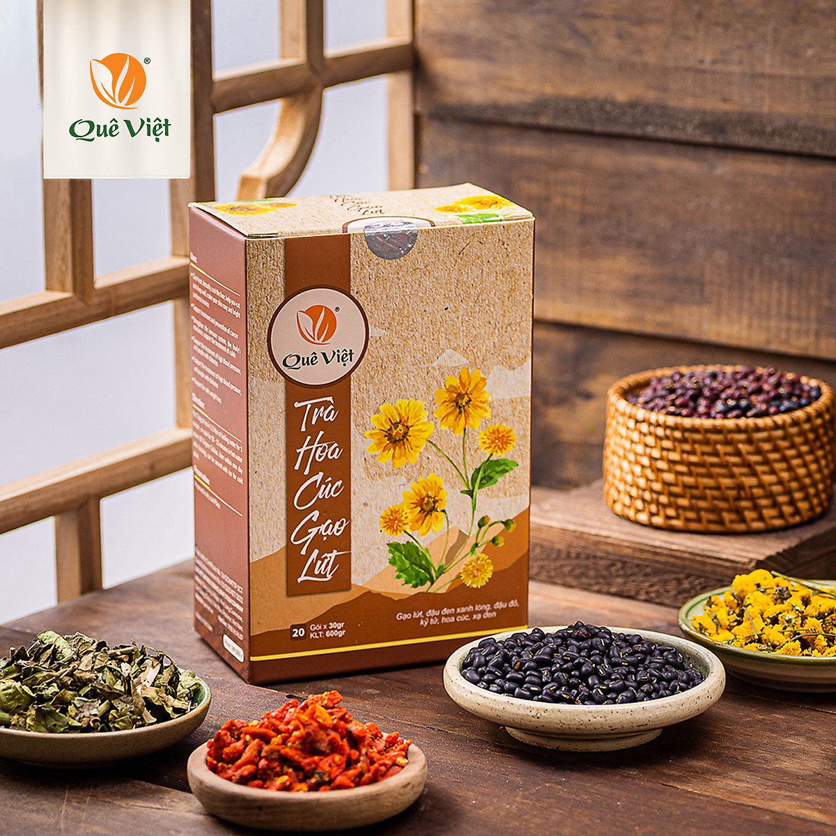 Trà hoa cúc gạo lứt Quê Việt thanh nhiệt, ngủ ngon, điều hoà huyết áp hộp 600gr