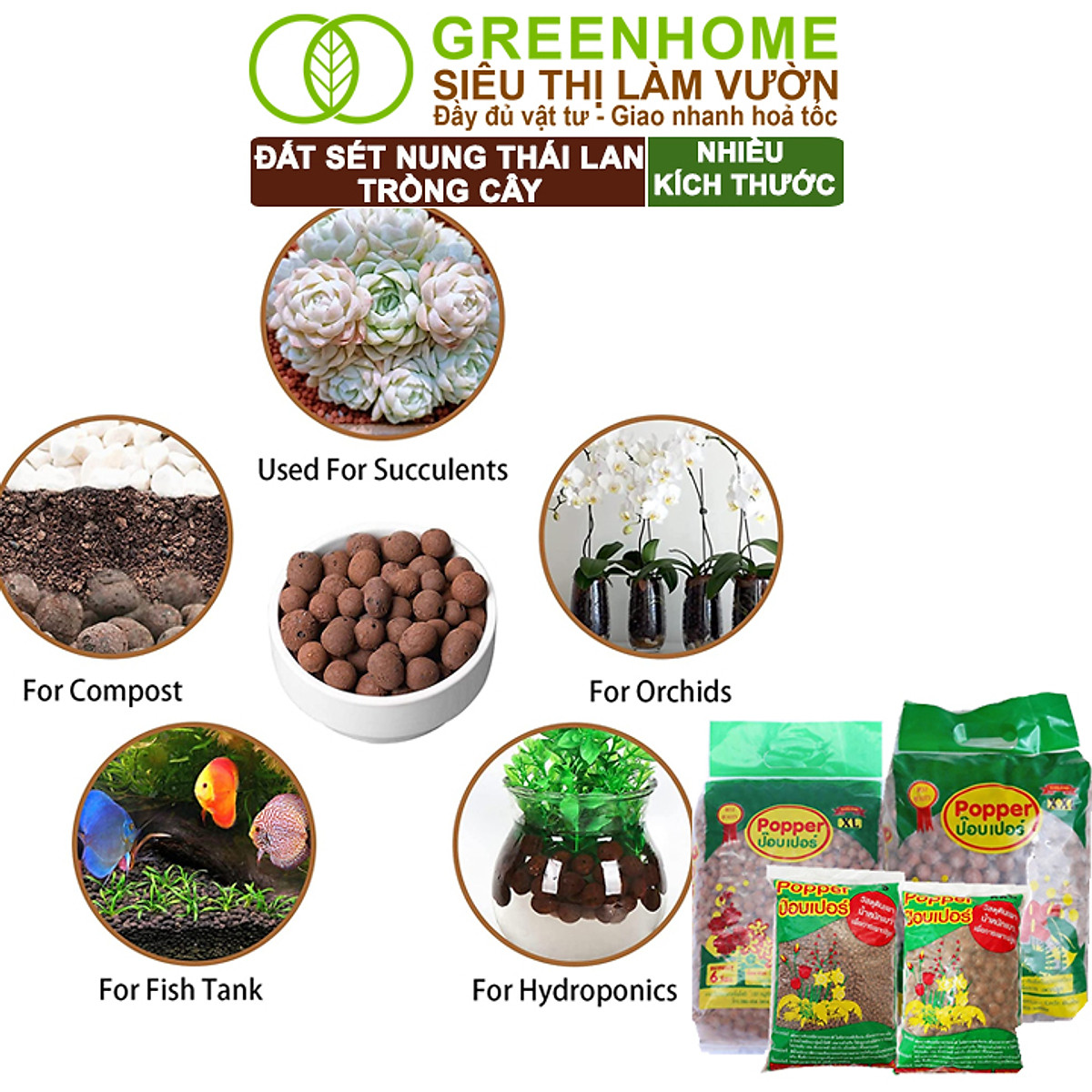 Đất Sét Nung Trồng Cây Greenhome, Bao 6lít, Thái Lan, Trồng Sen Đá, Phong Lan, Sứ, Thuỷ Canh, Chống Mọc Cỏ, Thoáng Khí