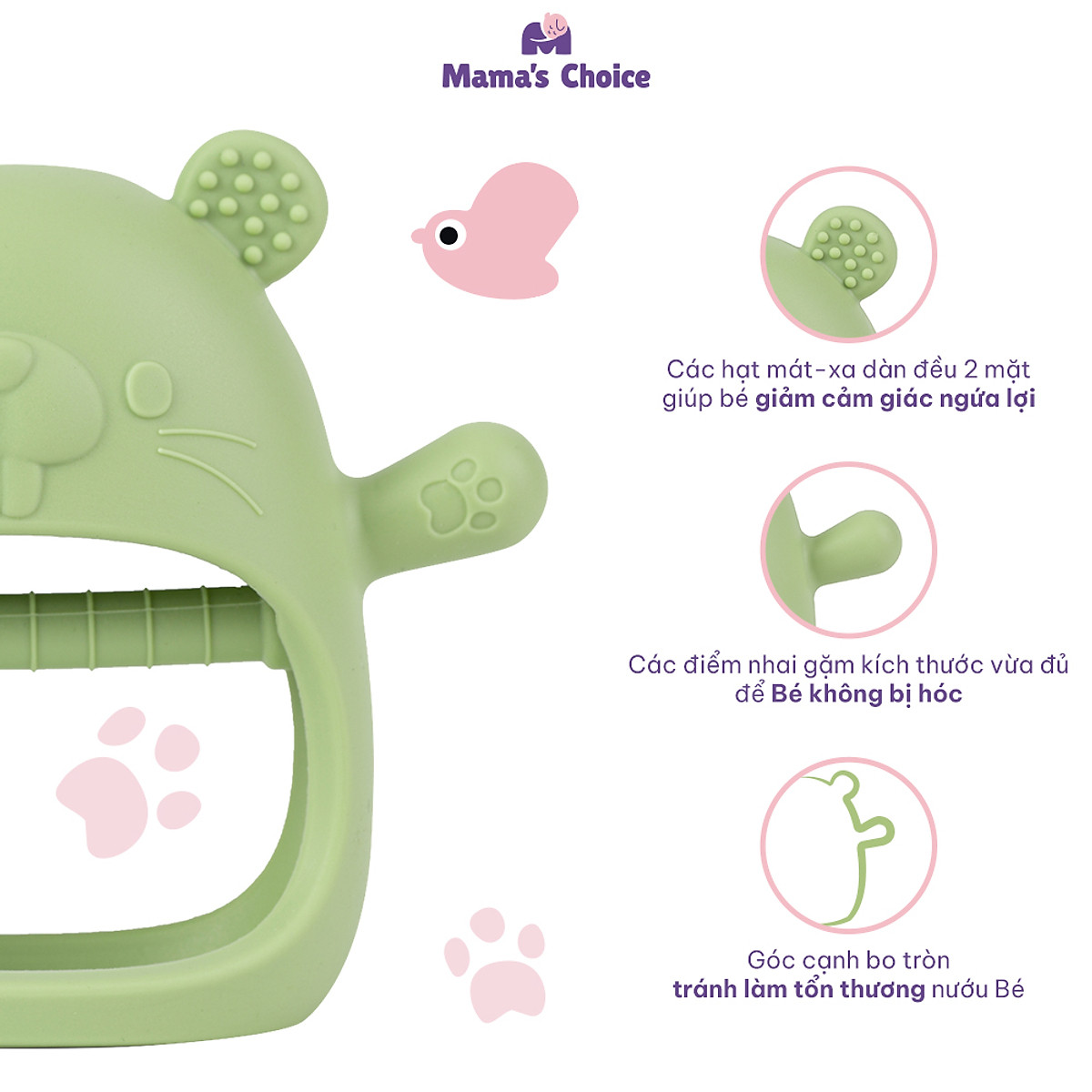 Gặm Nướu Mama's Choice Cao Cấp Cho Bé, Kiểm Định An Toàn Quốc Tế, Chất Liệu Silicone Bạch Kim, Có Hộp Bảo Quản
