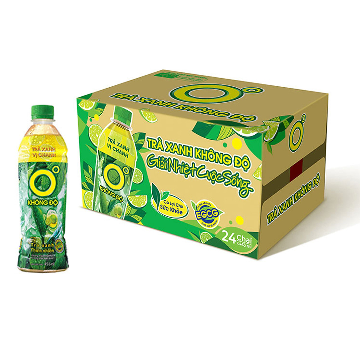 Thùng 24 chai Trà xanh vị chanh Không Độ chai PET 455 ml