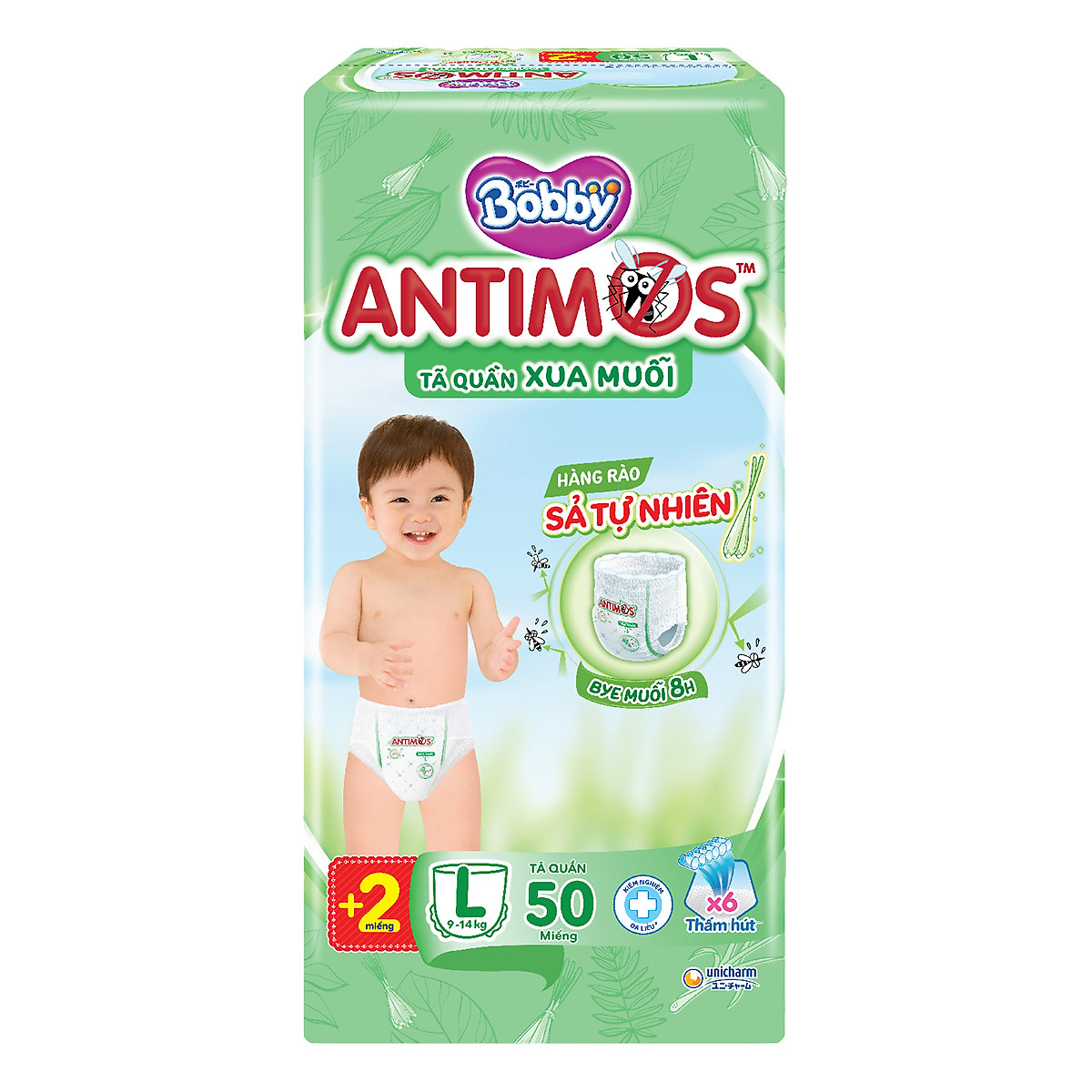 Tã Quần Xua Muỗi Bobby Antimos – Hàng rào Sả tự nhiên Bye Muỗi 8H - Size L 50 miếng