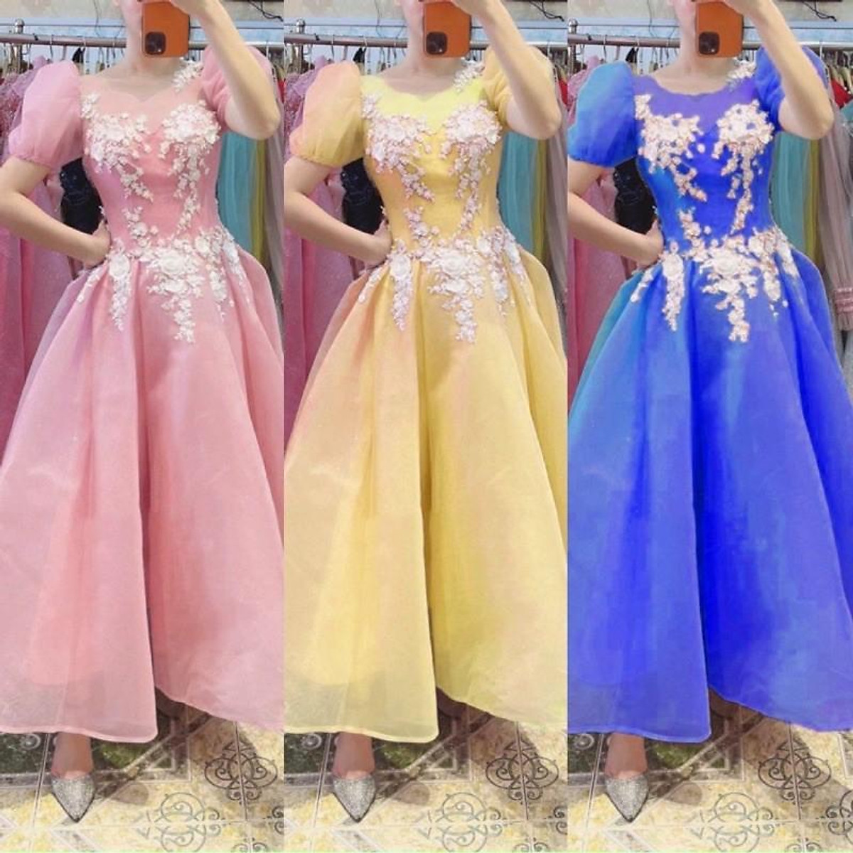 Đầm xoè phồng công chúa kết hoa nổi SANG TRỌNG - MS143Yđi tiệc đám cưới đi chơi đi du lịch MM
