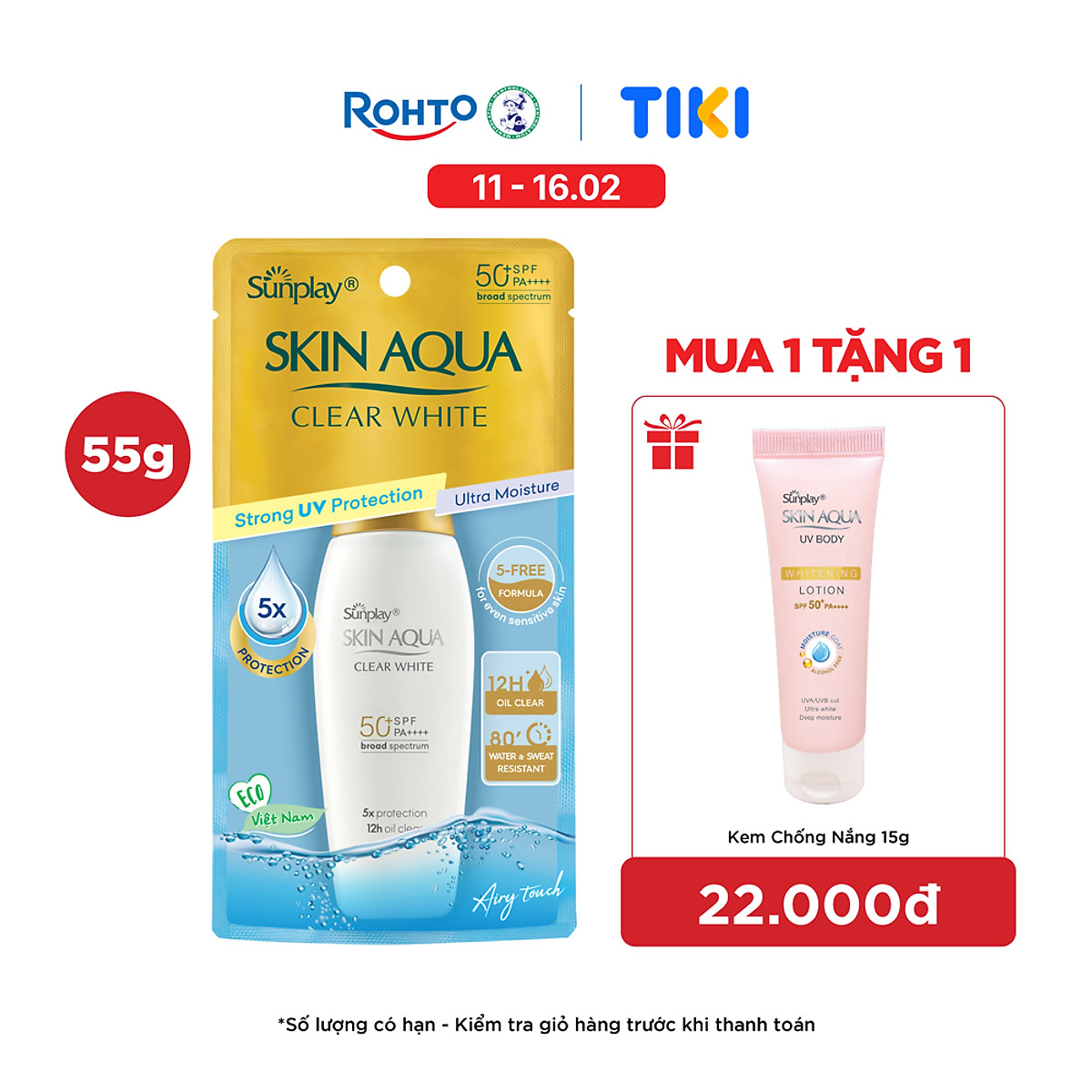 Kem chống nắng Skin Aqua dưỡng trắng, kiểm dầu, dùng hàng ngày dạng sữa Sunplay Skin Aqua Clear White Eco Việt Nam SPF50, PA++++ 55g