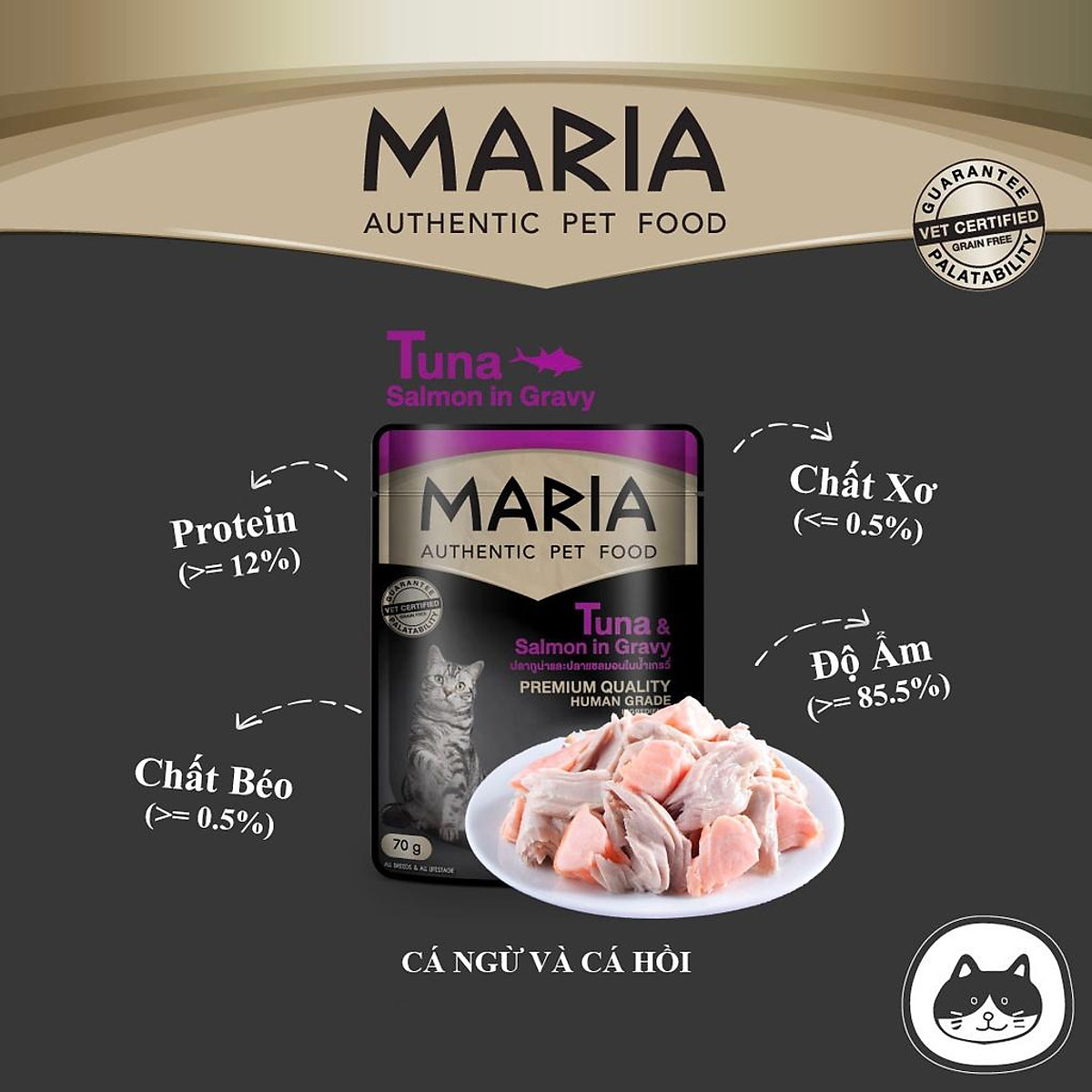 pate cho mèo (1 hộp 12 gói 70g) MARIA AUTHENTIC PET FOOD - thức ăn cho mèo vị thịt gà, cá hồi, cá thu, mực