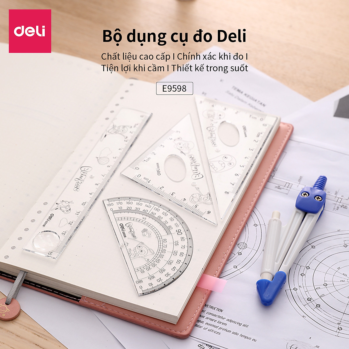 Bộ Dụng Cụ Đo Deli, Trong Suốt Gồm 5 Dụng Cụ/Hộp - E9598