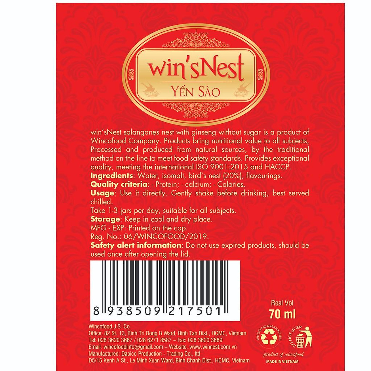 Combo 12 lọ Yến Sào Win'snest Tổ Yến Chưng Sẵn Nhân Sâm Không Đường 20% (70ml/ Lọ)