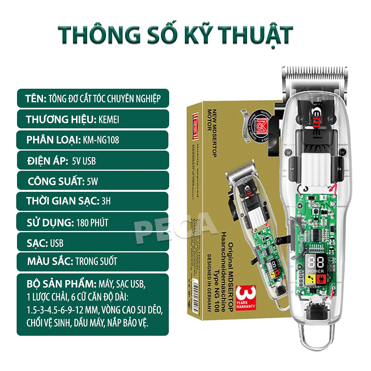 Tông đơ cắt tóc chuyên nghiệp Kemei KM-NG108 màn hình LCD hiển thị phiên bản thấy mạch công suất mạnh dùng sạc USB pin trâu sạc nhanh, kèm 6 cữ lược căn độ dài và phụ kiện đầy đủ - Hàng chính hãng