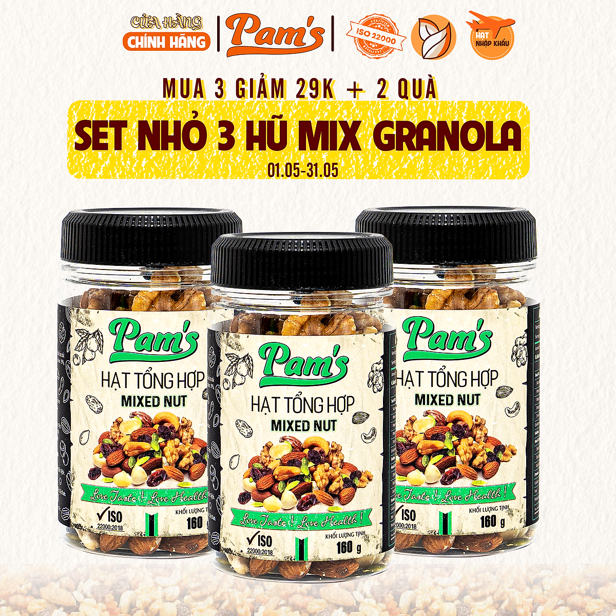 Combo 3 Hũ Ngũ Cốc Mix 6 Loại (Macca + Hạnh Nhân + Điều + Nhân Combo 3 Hũ Ngũ Cốc Mix 6 Loại (Macca + Hạnh Nhân + Điều + Nhân