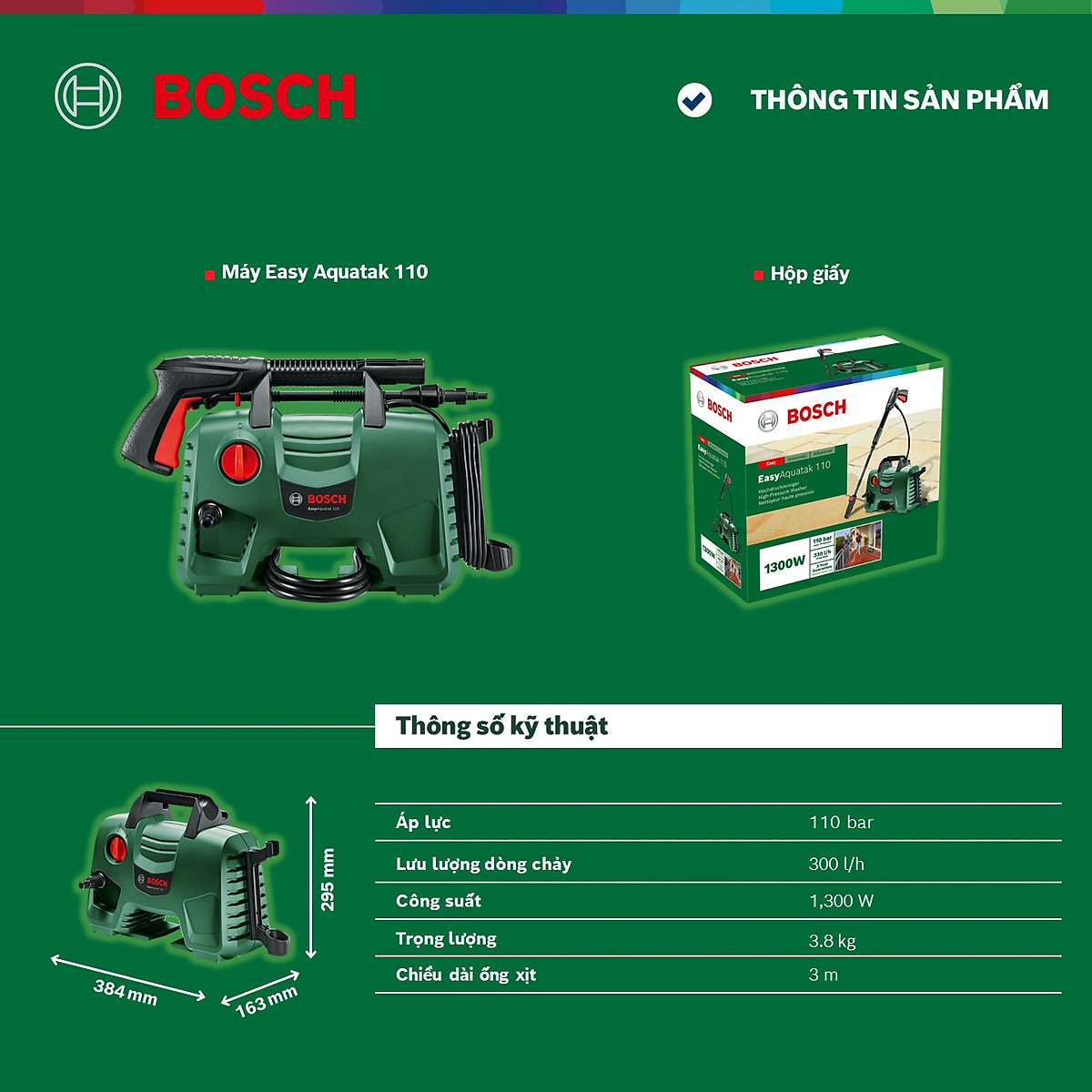 Máy Phun Xịt Rửa Áp Lực Cao Bosch Easyaquatak 110 1300W 06008A7FK0