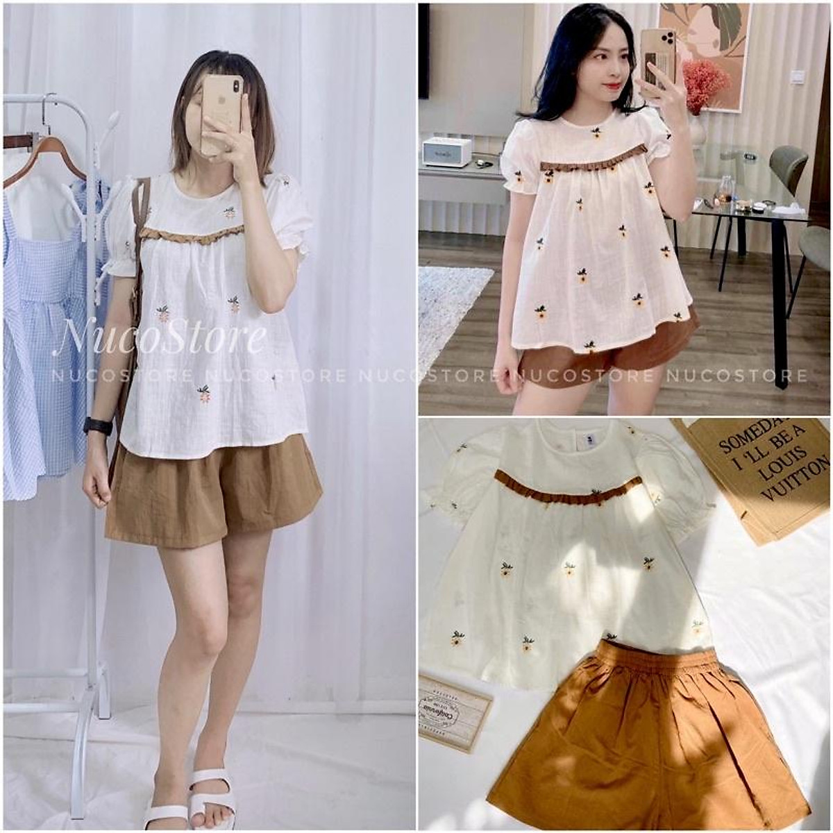 Set Áo Babydoll Hoa Thêu Kèm Quần Short Nâu