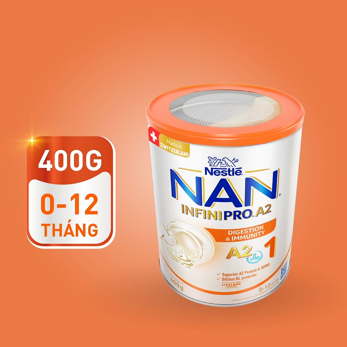 Sữa bột NAN INFINIPRO A2 Thụy Sĩ 1 400g với sự kết hợp độc đáo giữa đạm quý A2 và 5HMO (0 - 12 tháng)