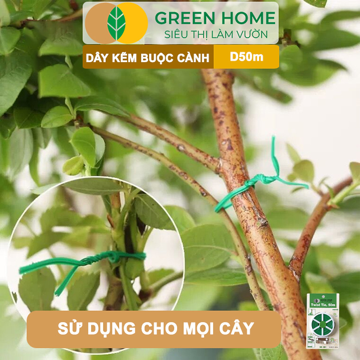 Dây Buộc Cành GreenHome, Dài 50m, Kẽm Bọc Nhựa, Tích Hợp Đầu Cắt Tiện Lợi, Cố Định Thân Cây, Làm Giàn Leo