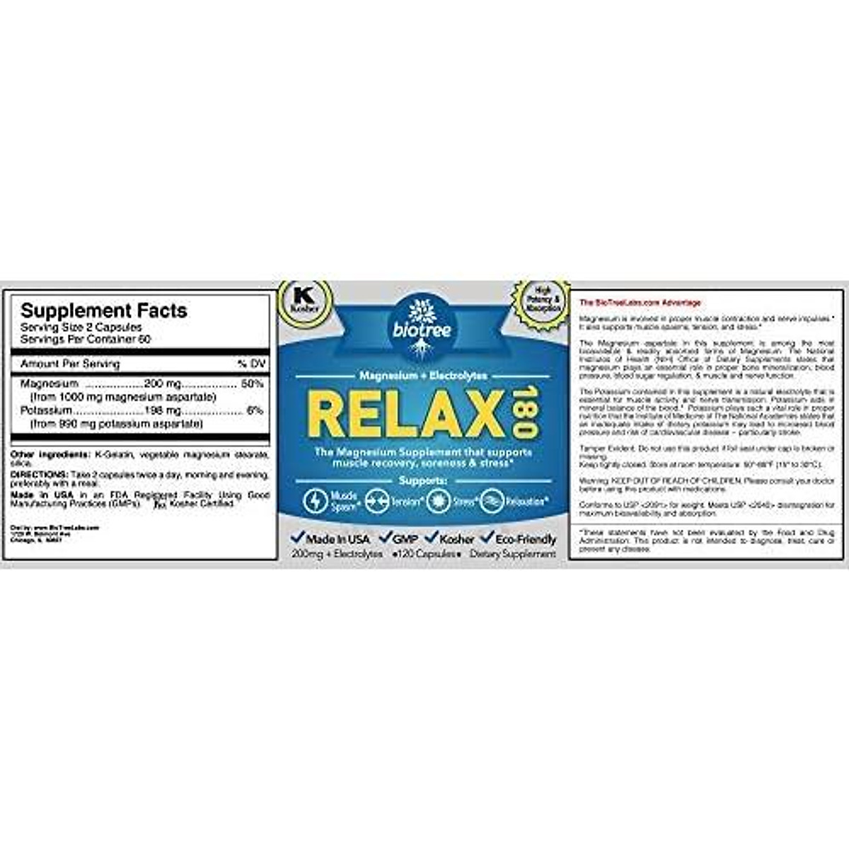 BioTree Labs Relax 180 Magnesium and Potassium Supplement with