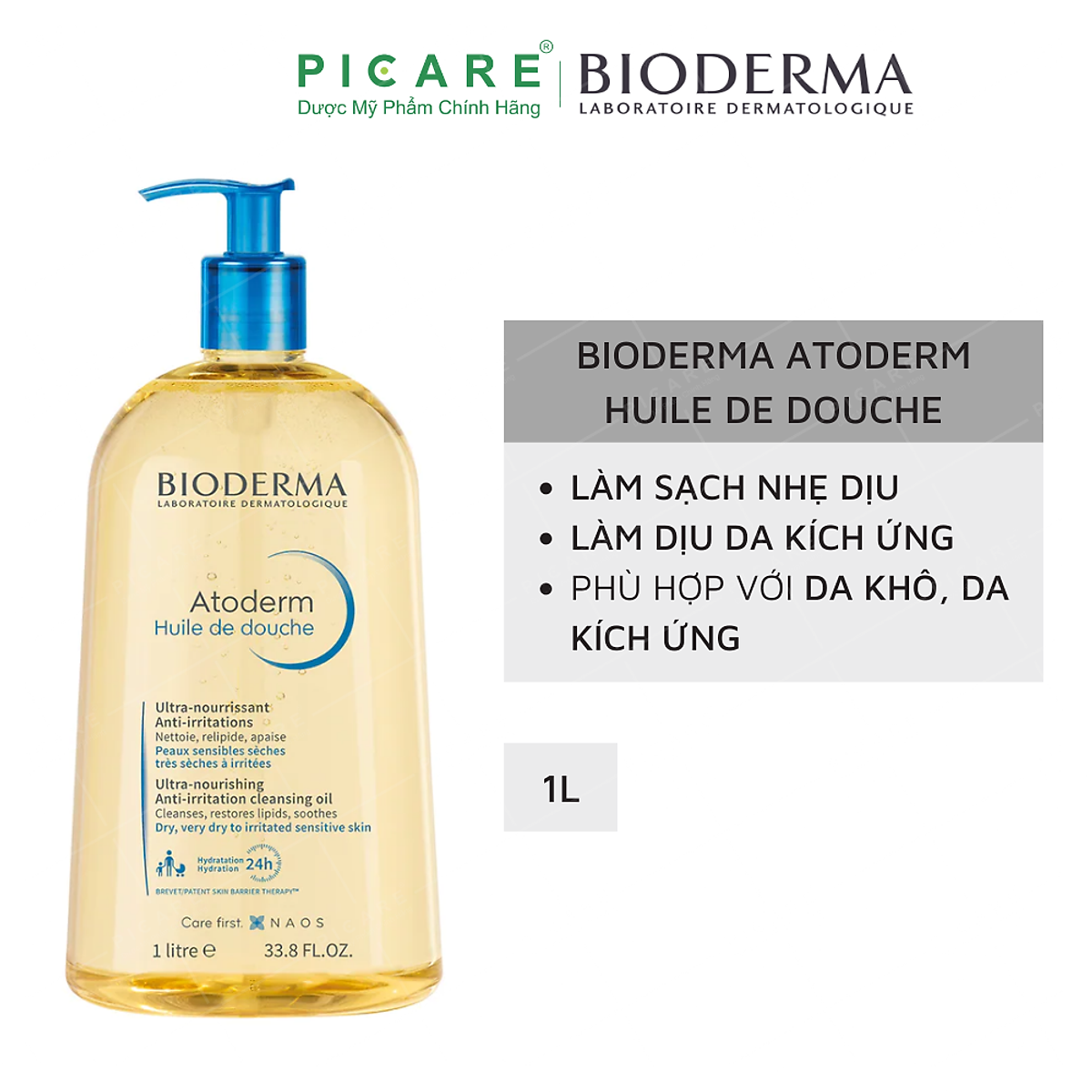 Dầu tắm giúp làm sạch, làm dịu và dưỡng ẩm dành cho da khô, da nhạy cảm Atoderm Huile De Douche 1L