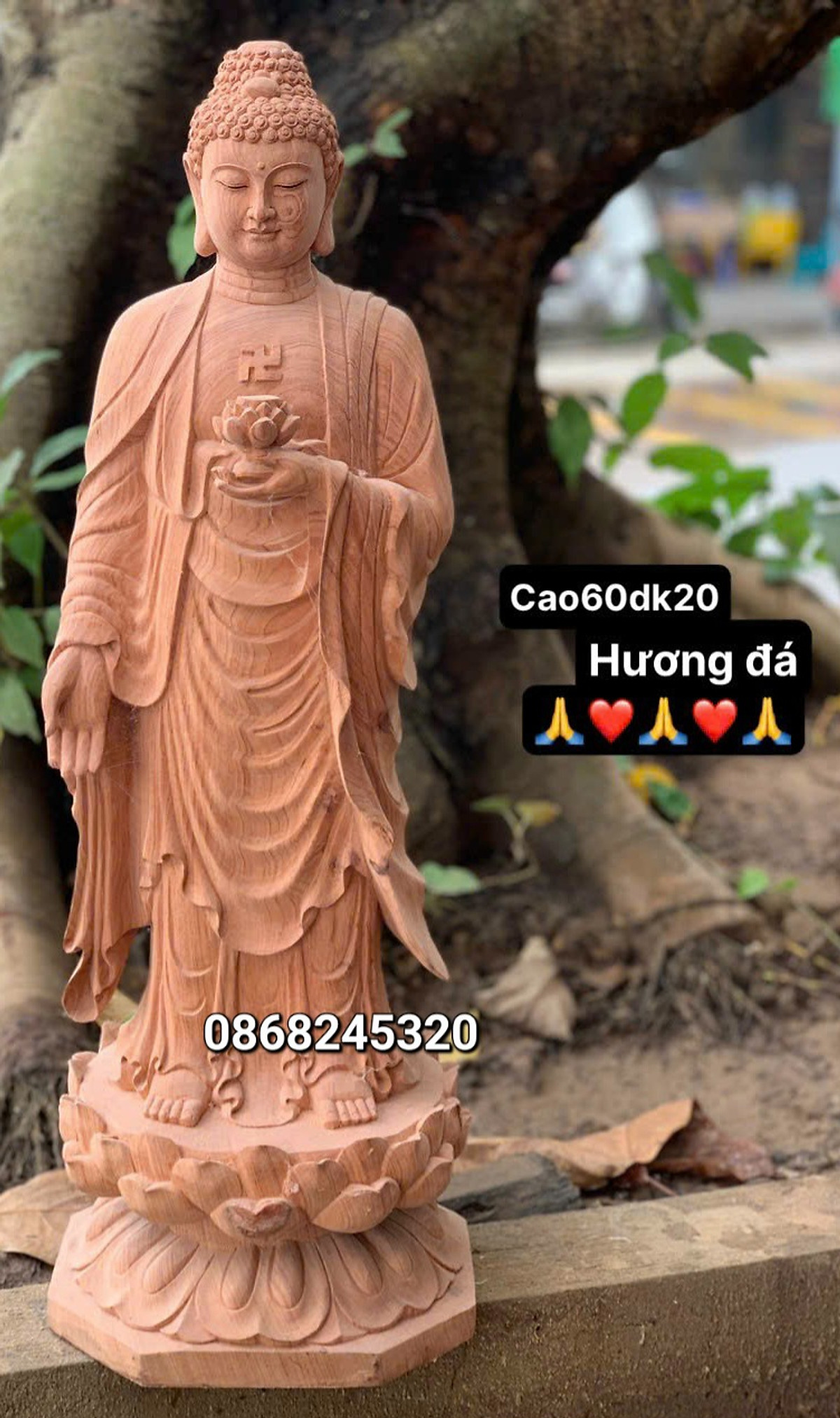 Tượng phật adi đà liên hoa bằng gỗ hương đá kt cao 60×23×21cm