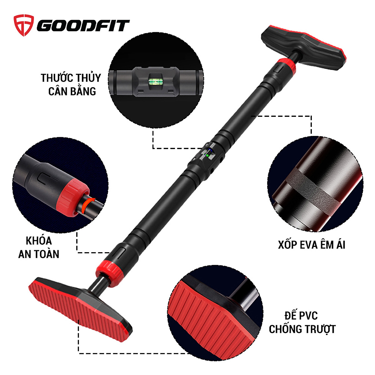 Thanh xà đơn gắn cửa, xà đơn treo tường GoodFit chịu lực 200kg, chốt khóa an toàn chông trượt tập luyện tại nhà GF201PU