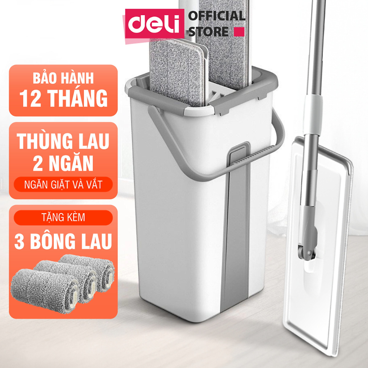 Cây lau nhà tự vắt có thùng 2 ngăn Deli, Bộ chổi lau nhà 360 độ kèm 3 bông lau microfiber siêu sạch