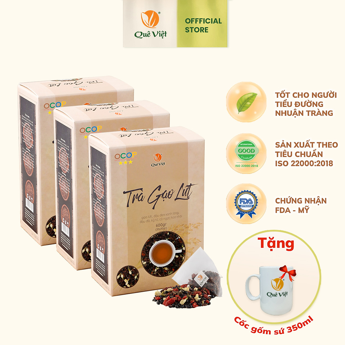 Combo 3 hộp trà gạo lứt + tặng cốc gốm sứ Bát Tràng cao cấp - Hộp 600g( 30gx 20 túi)