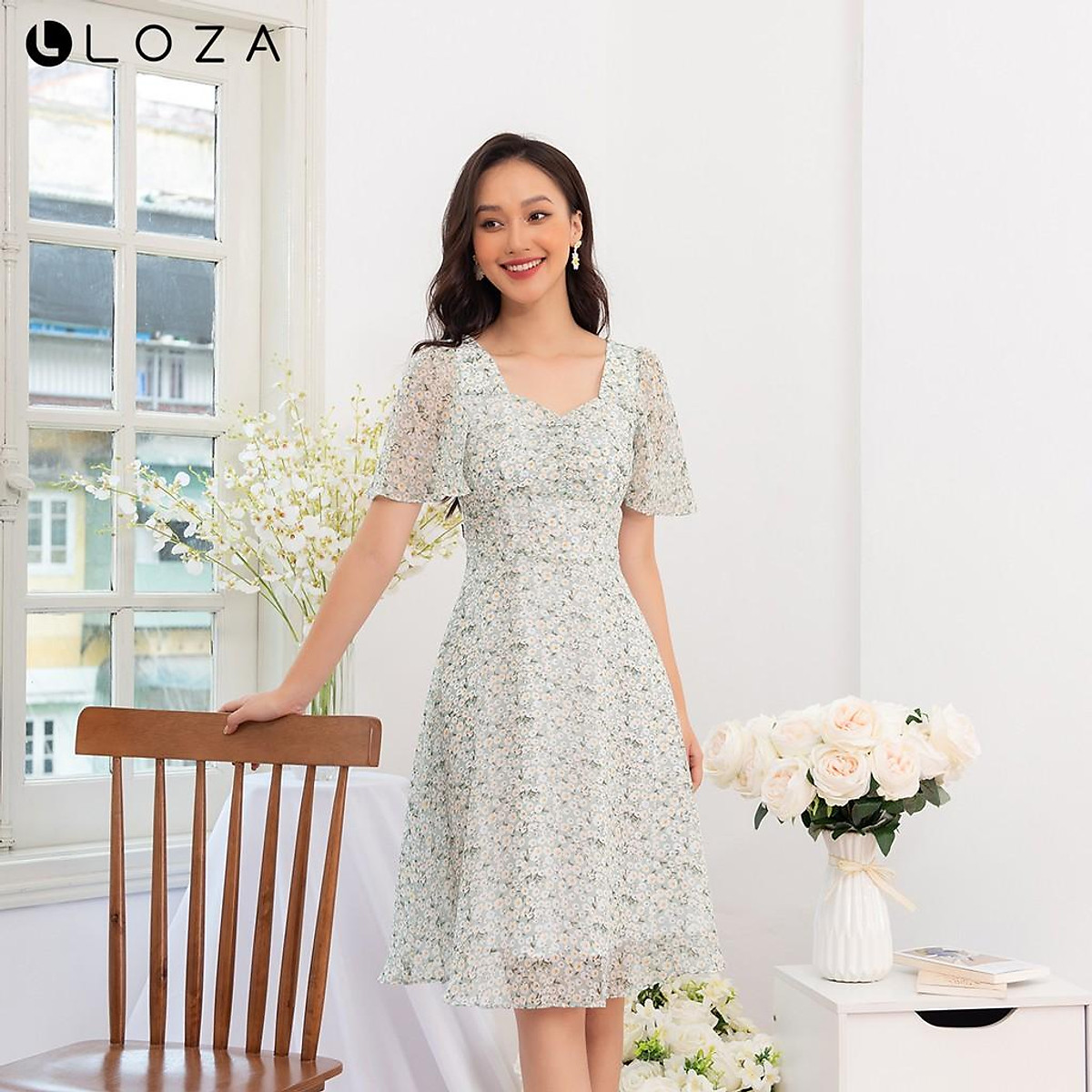 Mua Đầm dáng xòe LOZA họa tiết hoa cúc cổ vuông - LD2475