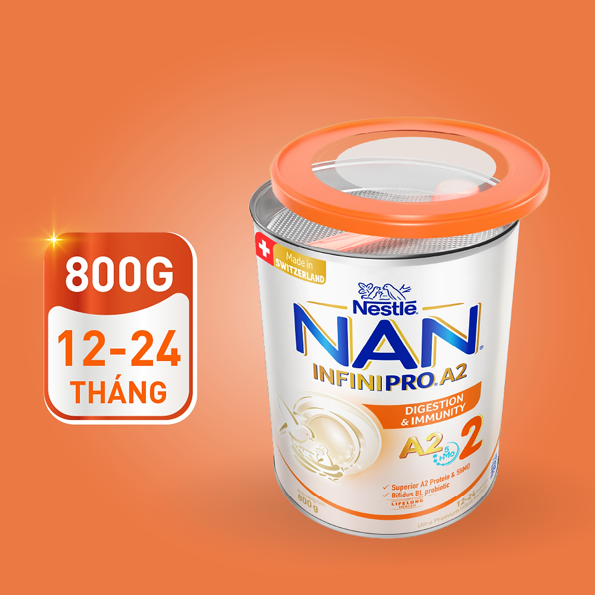 Thùng 6 lon sữa bột NAN INFINIPRO A2 Thụy Sĩ 2 800g với sự kết hợp độc đáo giữa đạm quý A2 và 5HMO (12 - 24 tháng)