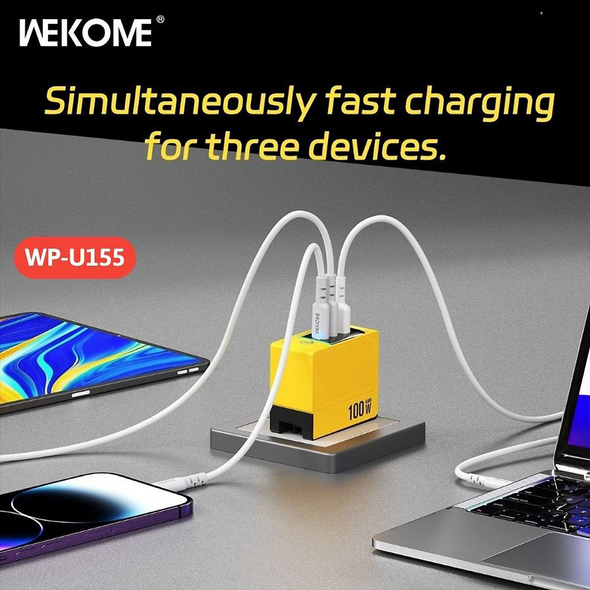 Cốc sạc nhanh WP-U155 WEKOME 3 cổng 100W 1A+2C cherger- Hàng chính hãng