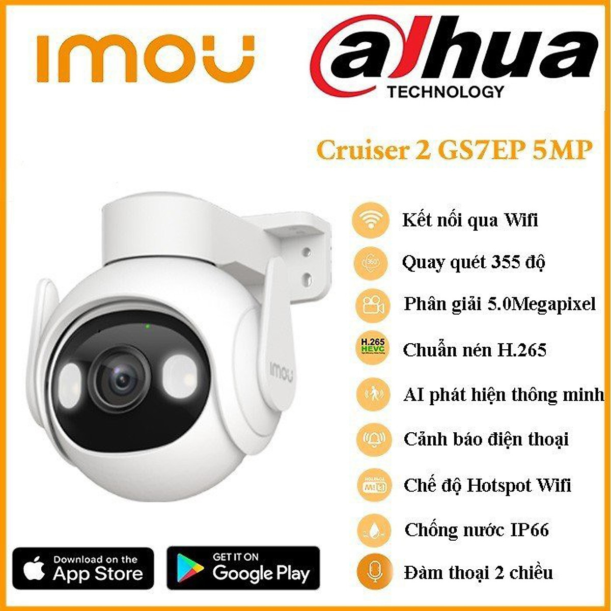 Camera Wifi ngoài trời Imou Cruiser 2 (5MP) I IPC-GS7EP-5M0WE I Đàm thoại 2 chiều I Phát hiện chuyển động I IP66 | Hàng chính hãng
