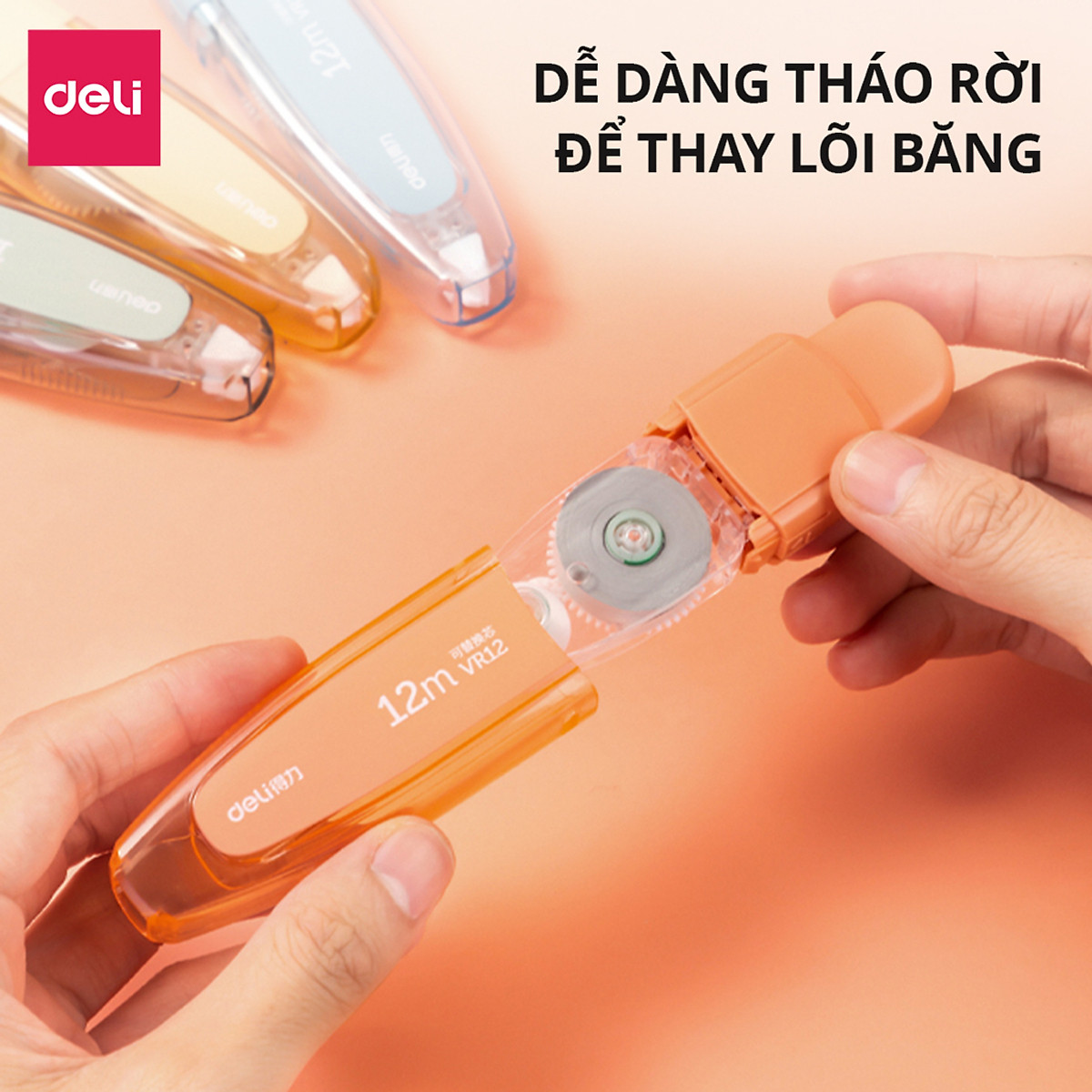 Bút Xóa Băng Có Nút Bấm 12m Có Thay Thế Lõi Deli - Xóa Sạch Phủ Kín Khô Nhanh Có Thể Viết Đè Lên Ngay - Băng Kéo Cho Học Sinh, Văn Phòng