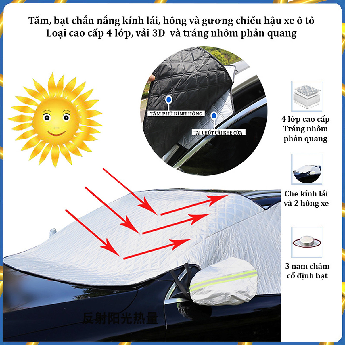 Tấm chắn nắng, Bạt chống nóng ngoài kính lái ô tô 3 lớp, tráng bạc cỡ lớn 118 x 148cm, có trùm gương - Hàng chính hãng D Danido
