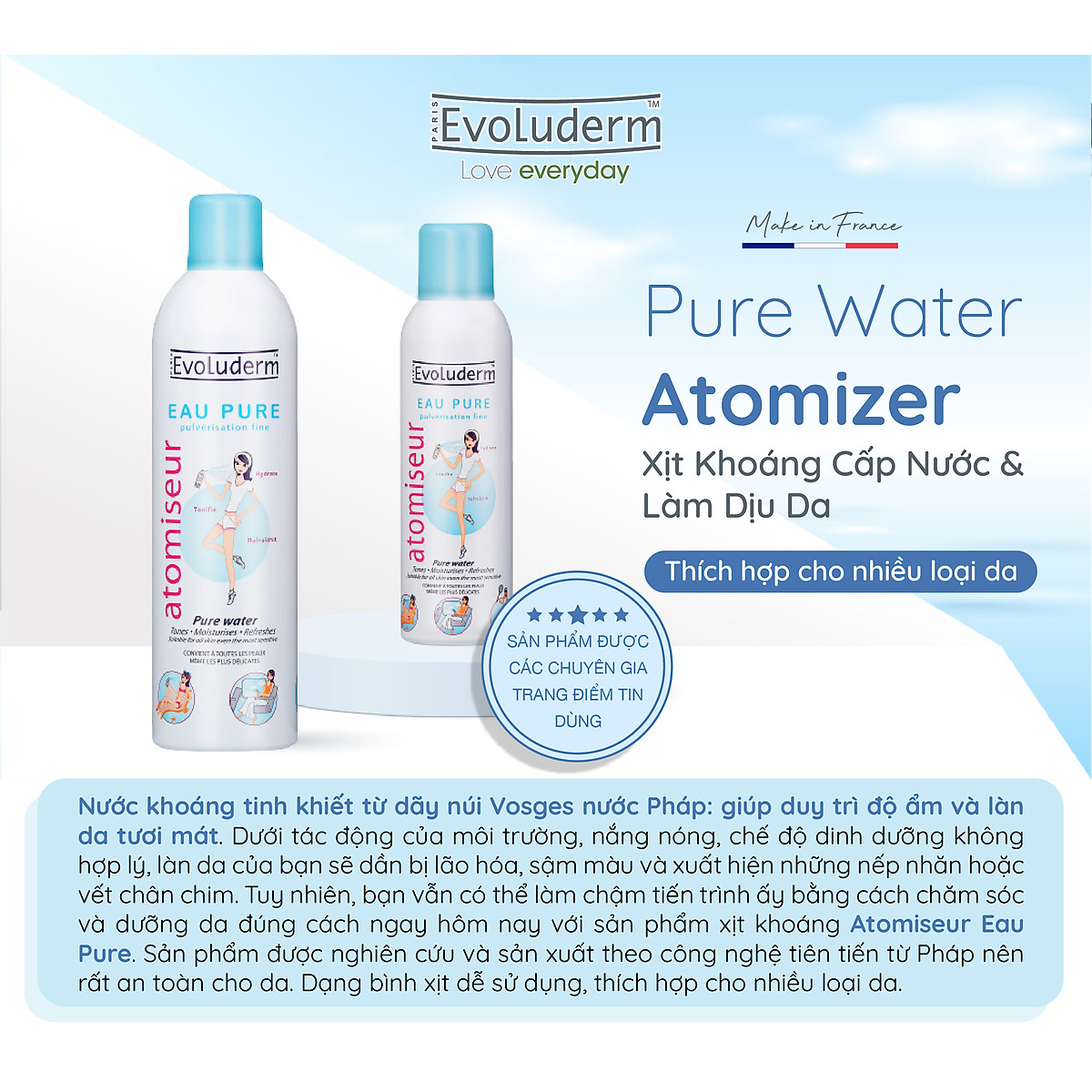 Xịt khoáng dưỡng ẩm, làm dịu và bảo vệ da Evoluderm Atomiseur Eau Pure