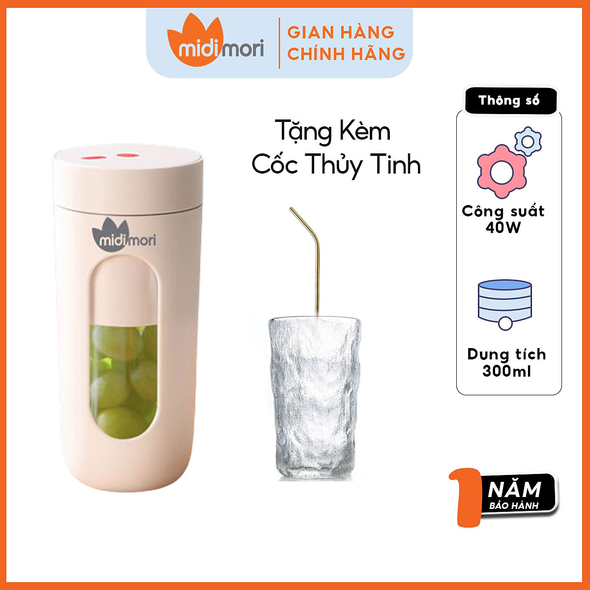 Máy Xay Sinh Tố Mini Cầm Tay Đa Năng Midimori MDMR-212 Tặng Kèm Ly Thủy Tinh Cao Cấp - Hàng Chính Hãng