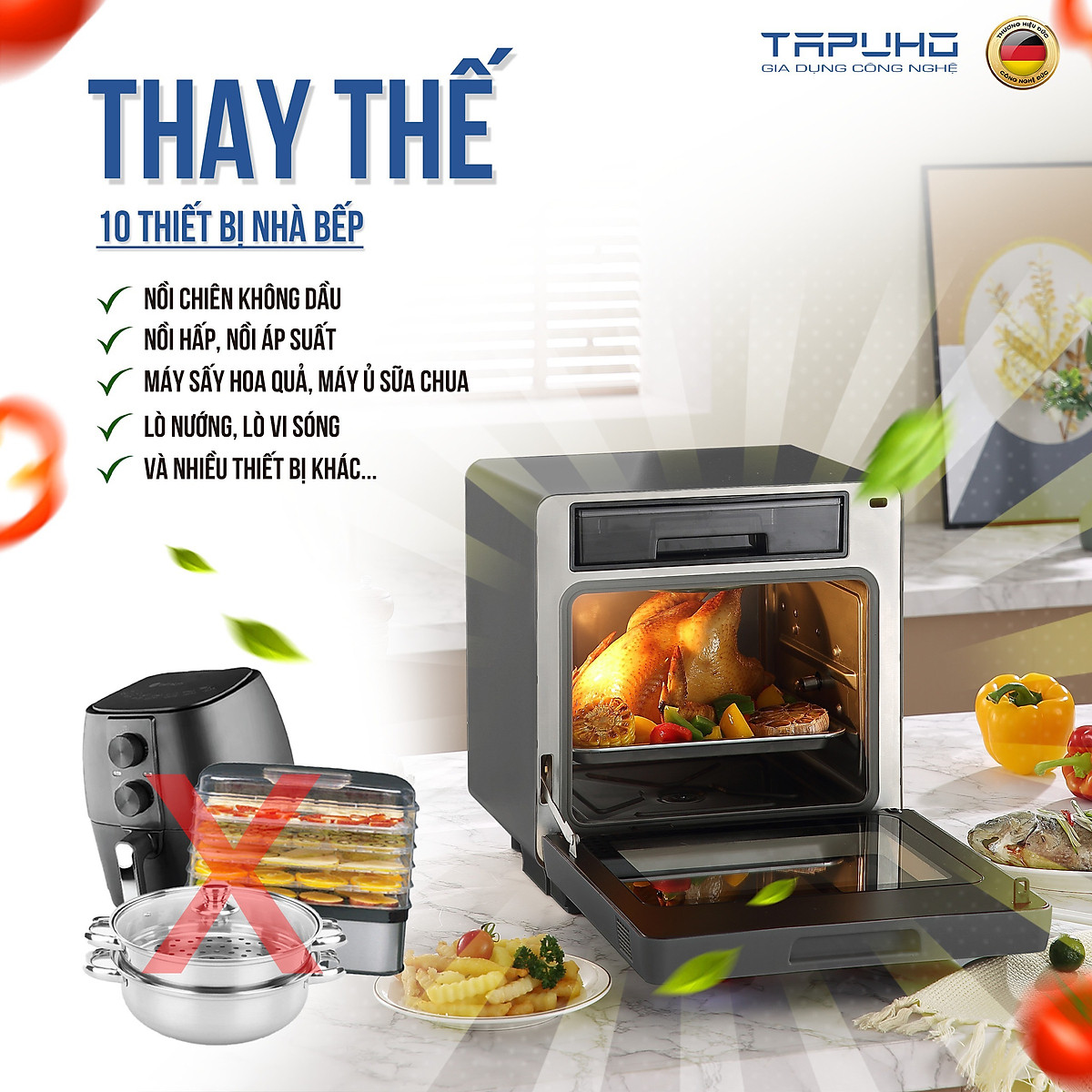 Nồi chiên hơi nước cao cấp TAPUHO TSF16 - Thương hiệu Đức - 2.800w - 16 lít - BH 2 năm