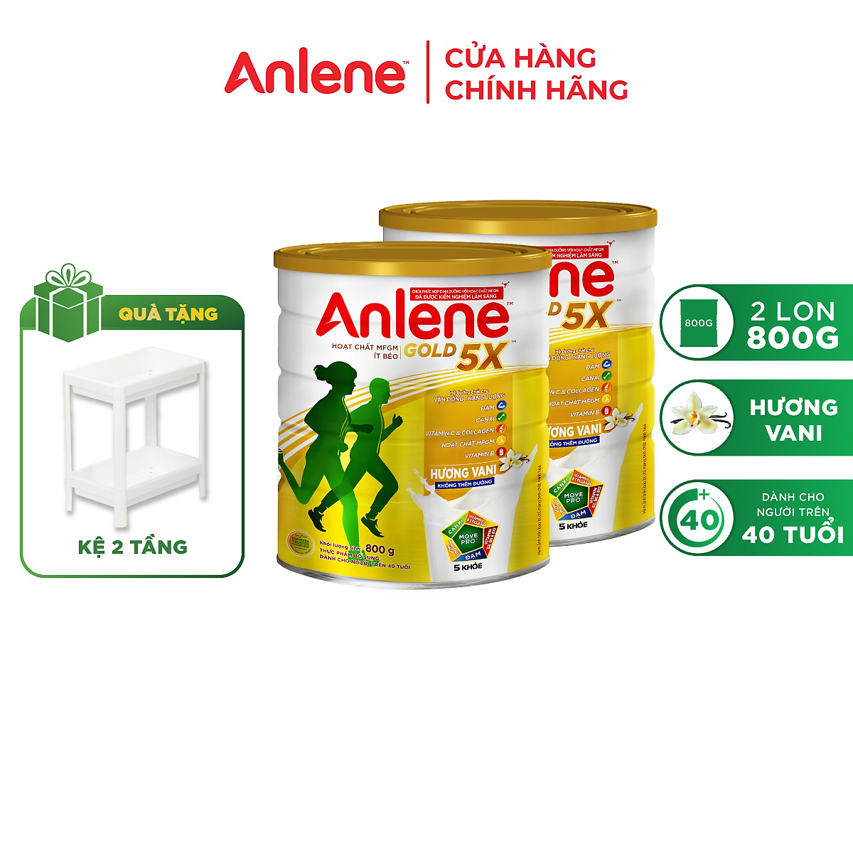 Combo 02 Sữa Bột Anlene Gold 5X Hương Vanilla (Hộp thiếc 800g) - Tặng bộ 2 khăn Anlene (Màu ngẫu nhiên)