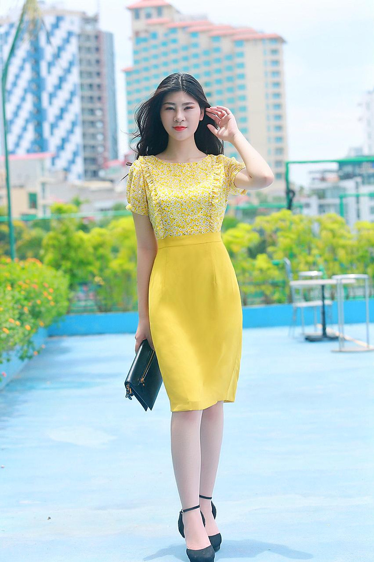 Đầm công sở phối hoa nữ cao cấp màu vàng EV03 - Đầm dáng ôm