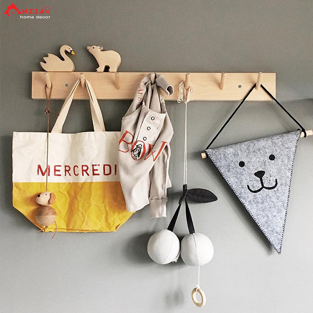 Móc gỗ treo tường trang trí, móc gỗ treo quần áo, phụ kiện Anzzar, decor phòng ngủ